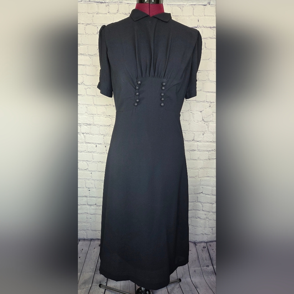 Lindy Bop Vintage Inspired Elegant Navy Midi Dress with Button Detail